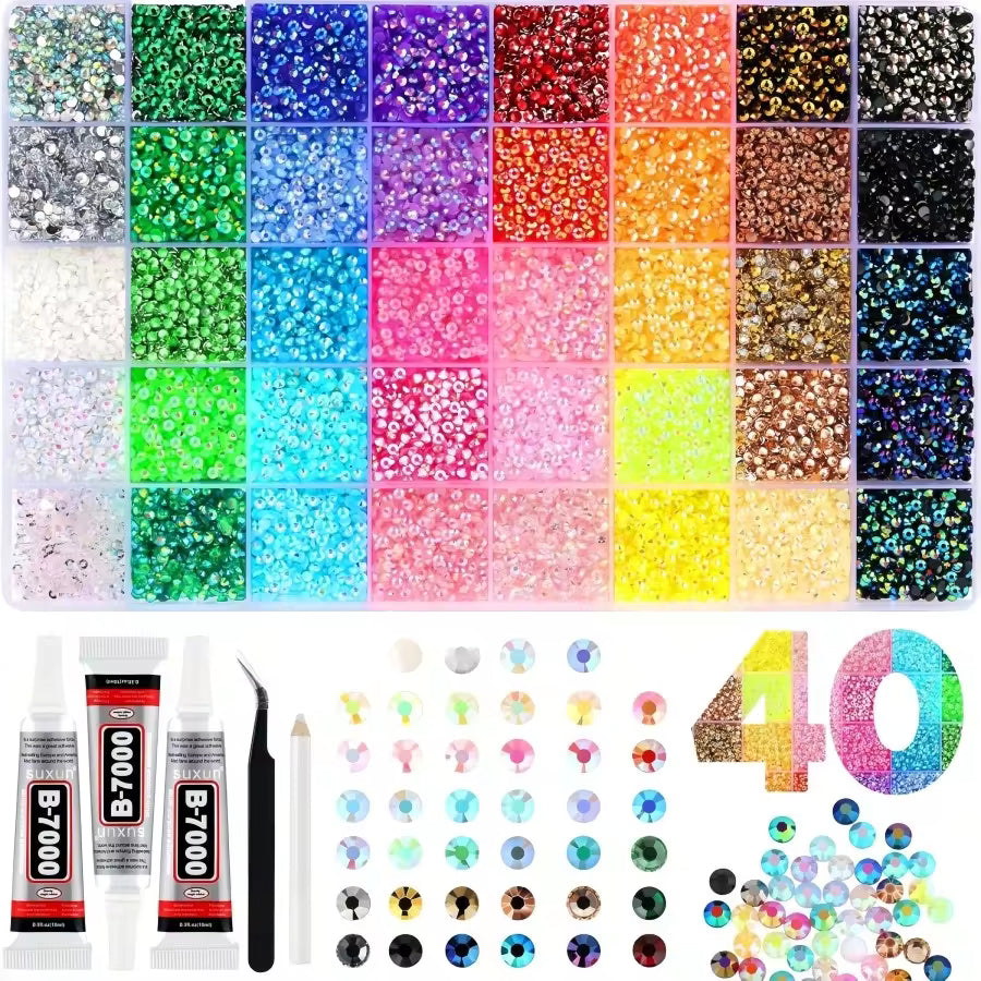 32,000pcs/40 Colors/3mm Flat Bottom Rhinestone Set, Multi-Color Handmade Gems Set With Pickup Pen And Tweezers. Suitable For DIY, Clothing, Shoes Sparkling Jewelry - Colorful Mixed Color Palette.